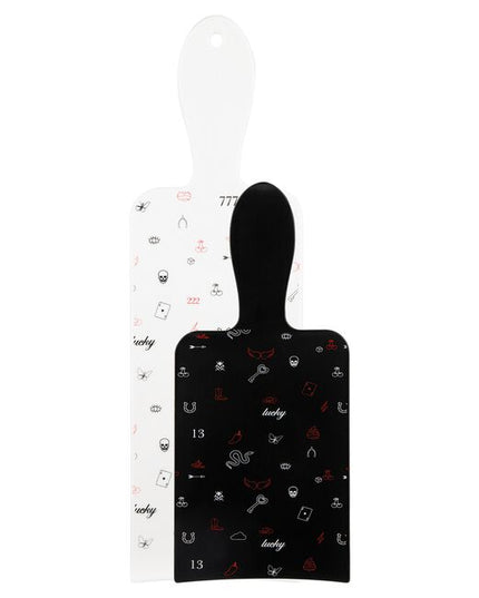 Black paddle is 6" x 4.25" and white paddle is 9.25" x 4".