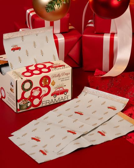 This limited-edition foil brings cozy vintage Christmas vibes to the chair, featuring classic evergreen trees and iconic red trucks for a nostalgic holiday feel your clients will love.