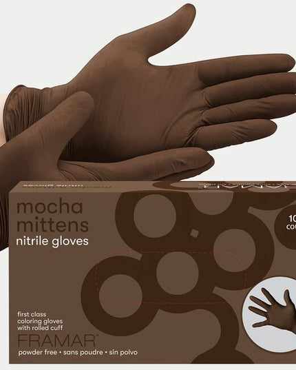For stylists who like their gloves like their coffee: strong and smooth!

Framar's Mocha Mittens Nitrile Gloves bring all the cozy vibes of your favorite latte straight to the salon. These premium, powder-free gloves don't just look chic—they're designed for serious performance behind the chair.