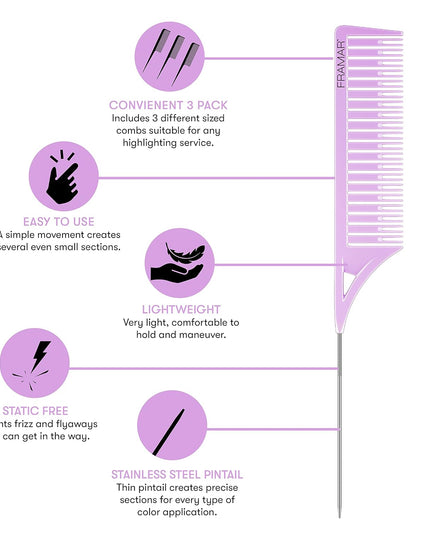 Stylists can shave hours off their highlighting applications with Framar’s brand new Dream Weaver comb set. Three different sized combs quickly and easily separate hair into small sections for highlights. One simple move of the comb creates several even sections ready to be painted, a step that typically requires several minutes of weaving with a pintail.