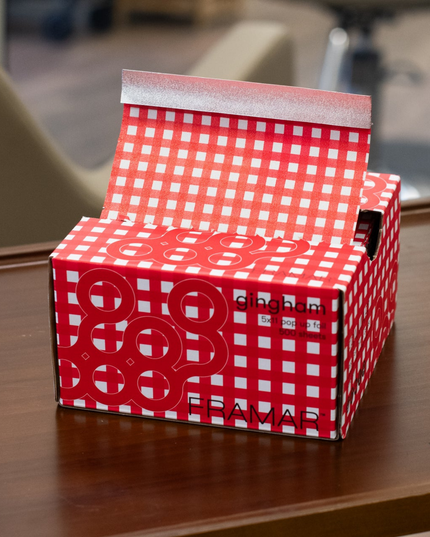 Classic, bold, and made to stand out—Framar Red Gingham Pop Up Foils bring a vintage-inspired red-and-white checkered design to your color station while delivering top-tier professional performance.