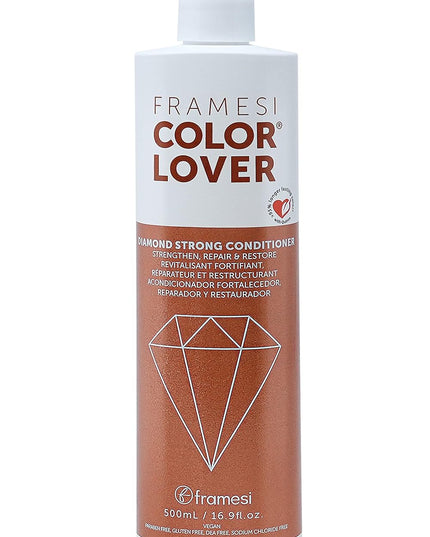 Lasting strength from the inside out! Framesi Color Lover Diamond Strong Conditioner strengths, repairs & restores your hair to withstand the daily grind while keeping your color lasting 95% longer* with a unique compound rich with quinoa --the ultimate source of all-natural plant proteins.
