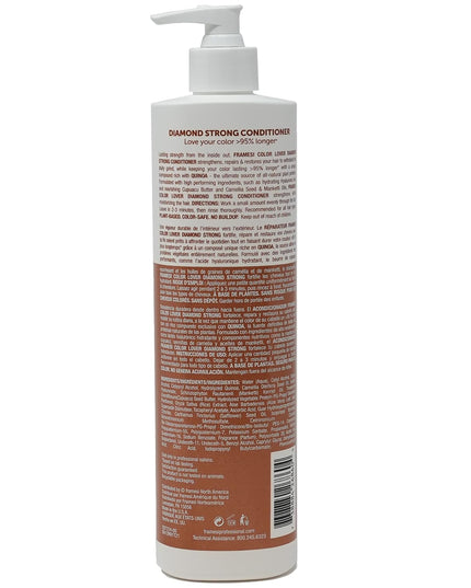 Lasting strength from the inside out! Framesi Color Lover Diamond Strong Conditioner strengths, repairs & restores your hair to withstand the daily grind while keeping your color lasting 95% longer* with a unique compound rich with quinoa --the ultimate source of all-natural plant proteins.