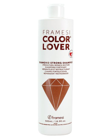 Lasting strength from the inside out! Framesi Color Lover Diamond Strong Shampoo strengthens, repairs &amp; restores your hair to withstand the daily grind while keeping your color lasting 95% longer* with a unique compound rich with quinoa --the ultimate source of all-natural plant proteins. Formulated with high-performing ingredients, such as hydrating acid and nourishing cupuca butter and camellia seed & Manketti oils, Framesi Color Lover Diamond Strong Shampoo strengthens while cleansing the hair.
