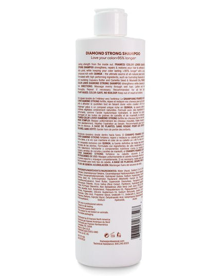 Lasting strength from the inside out! Framesi Color Lover Diamond Strong Shampoo strengthens, repairs &amp; restores your hair to withstand the daily grind while keeping your color lasting 95% longer* with a unique compound rich with quinoa --the ultimate source of all-natural plant proteins. Formulated with high-performing ingredients, such as hydrating acid and nourishing cupuca butter and camellia seed & Manketti oils, Framesi Color Lover Diamond Strong Shampoo strengthens while cleansing the hair.