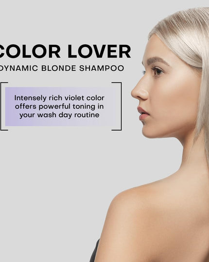 Banish the brass! Gently cleanses hair and keeps blonde/gray/white hair brighter and more refined. Specially formulated to eliminate brassy, yellow tones from blonde and silver hair. Intensely dark, rich violet color offers powerful toning and is excellent for maintaining cooler blondes. Amount of refinement can be controlled by mixing with other Color Lover Shampoos. Designed to alternate with your regular Color Lover shampoo every third wash.