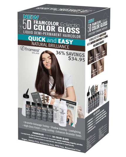 FramColor Eclectic 5D Gloss Natural Chocoloate Kit Includes:

(1) FramColor Eclectic 5D Gloss 4N/4.0, 2 fl. oz.
(1) FramColor Eclectic 5D Gloss 6N/6.0, 2 fl. oz.
(1) FramColor Eclectic 5D Gloss 8N/8.0, 2 fl. oz.
(1) FramColor Eclectic 5D Gloss 5HC/5.64, 2 fl. oz.
(1) FramColor Eclectic 5D Gloss 7HC/7.64, 2 fl. oz.