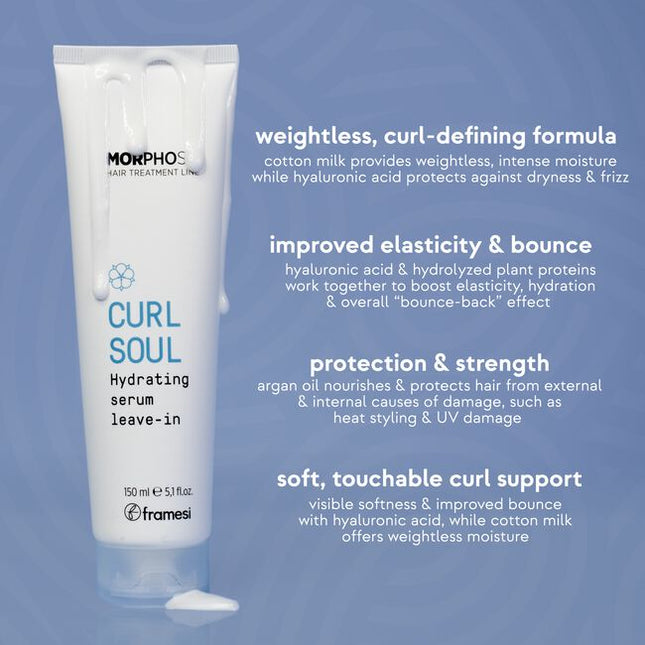 Weightless, curl-defining leave-in delivers intense hydration, elasticity, and definition, improving curl structure. Enriched with Cotton Milk, Hyaluronic Acid, Argan Oil, and Plant Proteins for strengthening curls without heaviness. Fine hair friendly!