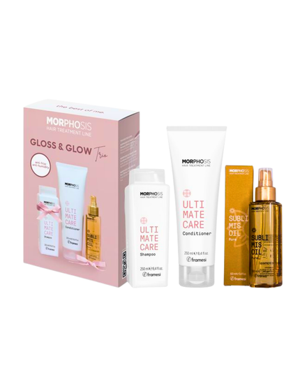 The Morphosis Gloss &amp; Glow Holiday Trio Includes:

(1) - Morphosis Ultimate Care Shampoo, 8.4 fl. oz.
(1) - Morphosis Ultimate Care Conditioner, 8.4 fl. oz.
(1) - Morphosis Sublimis Oil Pure, 3.4 fl. oz.
