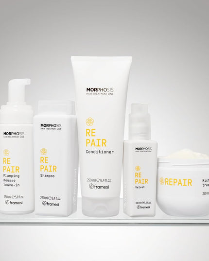 A repairing leave-in mousse that provides an immediate effect of reconstruction and manageability for fine hair. Camellia Oil, hydrolyzed Vegetable Micro-Keratin, and plant Ceramides condition and moisturize the hair, leaving it manageable, bouncy, and shiny.