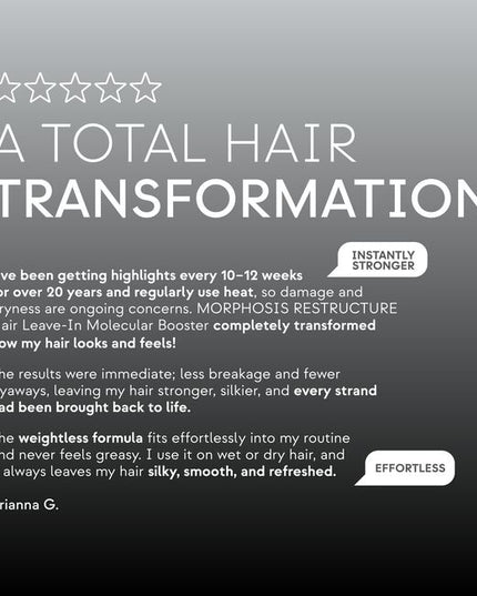Restructuring, anti-breakage leave-in serum for scalp and hair. Revives and plumps up the hair fibres from within, leaving them strong, full-bodied and silky smooth. It hydrates and rebalances the scalp, leaving the hair stronger and shinier.