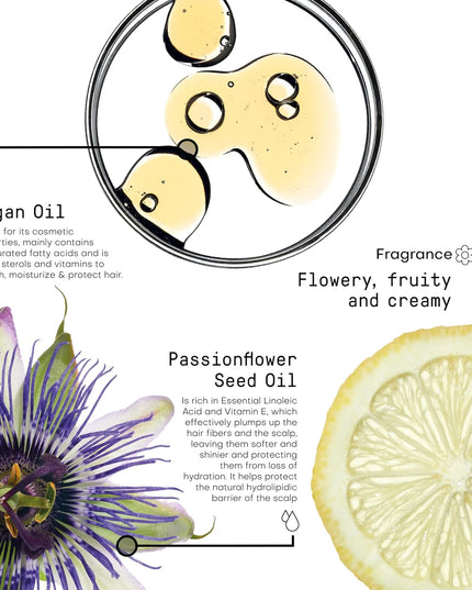 Protective and regenerating treatment for medium-thick hair. This unique multi-functional rich formulation enriched with Passionflower Seed Oil, Argan Oil, and a Vitamin C derivative hydrates the hair, leaving it shiny, soft, and manageable. Moisturizes dry hair, revitalizes treated hair, and has an anti-aging effect on mature hair. Alcohol-free, not oily or greasy, and weightless.