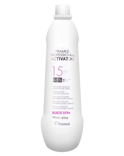 Framesi Professional Activator 15 Volume - Hair Balanced Oxidising Emulsion. Rich, liquid-cream developer features an Integrated System of ingredients and technologies that, when mixed with framesi haircolor, allow the color molecules to penetrate deeper into the cortex for a more perfect and gentle color service with moisture, condition, protection and a longevity unlike ever achieved before.