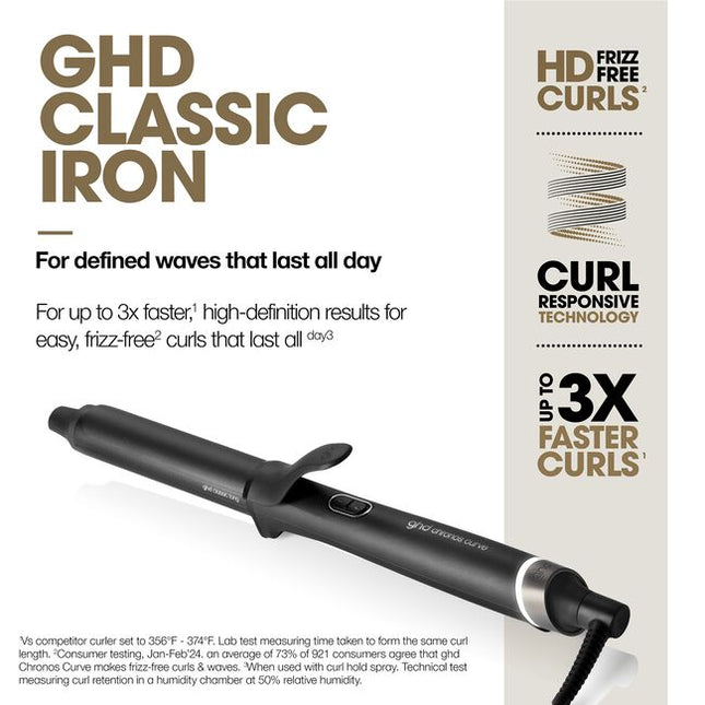 Professional Chronos Classic 1" Tong for up to 3x Faster, HD frizz-free curls and waves that last all day. With curl responsive technology for ultimate heat consistency of 365°F and no extreme heat damage.