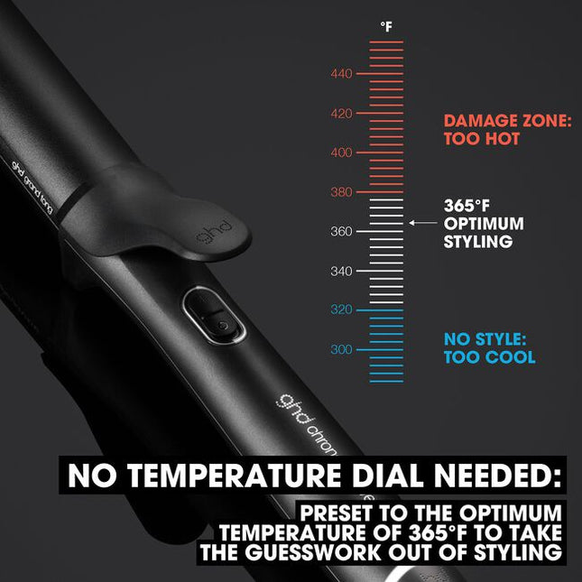 Professional Chronos Grand 1.25" Tong for up to 3X Faster, HD frizz-free bouncy voluminous curls that last all day. With curl responsive technology for ultimate heat consistency of 365°F and no extreme heat damage.