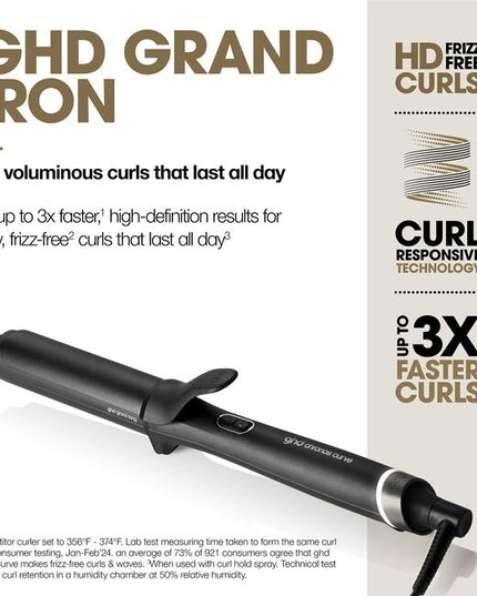 Professional Chronos Grand 1.25" Tong for up to 3X Faster, HD frizz-free bouncy voluminous curls that last all day. With curl responsive technology for ultimate heat consistency of 365°F and no extreme heat damage.