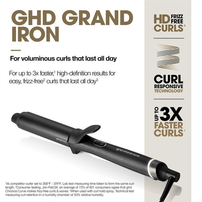 Professional Chronos Grand 1.25" Tong for up to 3X Faster, HD frizz-free bouncy voluminous curls that last all day. With curl responsive technology for ultimate heat consistency of 365°F and no extreme heat damage.