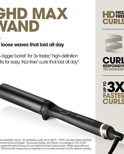 Professional Chronos Max 1.5" Wand for up to 3x faster, HD frizz-free soft waves and looser formed waves that last all day. With curl responsive technology for ultimate heat consistency of 365°F and no extreme heat damage.