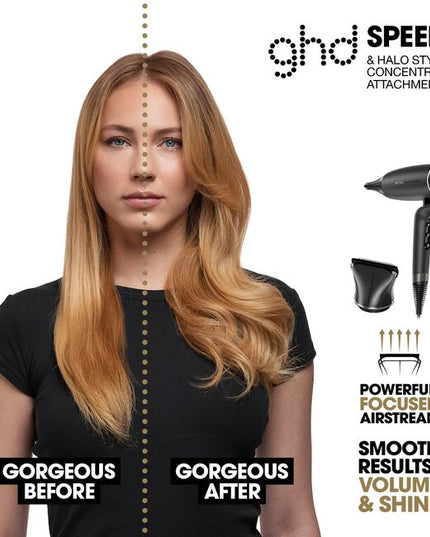 Introducing GHD's unbeatably fast hair dryer – Experience a new era in blow drying with the ghd speed ionic hair dryer in black, featuring breakthrough ghd haloTM dual-airflow technology, uniting power with control for cool-scalp and cool-touch with no heat damage.