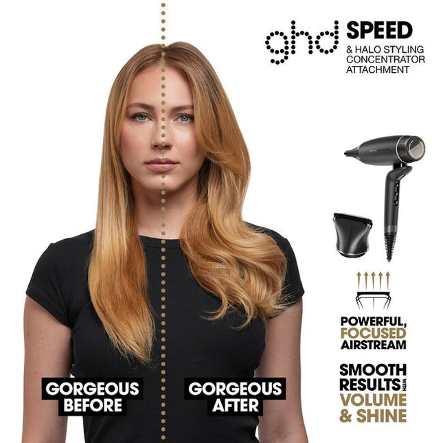 Introducing GHD's unbeatably fast hair dryer – Experience a new era in blow drying with the ghd speed ionic hair dryer in black, featuring breakthrough ghd haloTM dual-airflow technology, uniting power with control for cool-scalp and cool-touch with no heat damage.