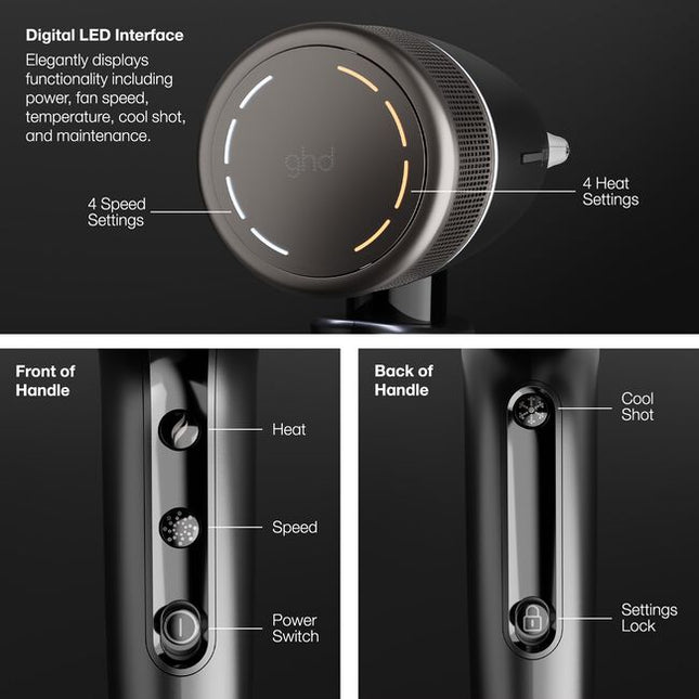 Introducing GHD's unbeatably fast hair dryer – Experience a new era in blow drying with the ghd speed ionic hair dryer in black, featuring breakthrough ghd haloTM dual-airflow technology, uniting power with control for cool-scalp and cool-touch with no heat damage.