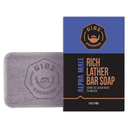 GIBS Signature Alpha Male slightly exfoliating soap is packed with forbidden rice and a healing, skin boosting black pearl that cleanses and soothes the skin.

Goji berry and acai add an additional antioxidant boost to help moisturize and protect.

Gently exfoliate &amp; cleanse with this rich lather, ultra-moisturizing all-in-one bar soap formula.

Wet bar, lather, wash, rinse. Detoxifying and exfoliating benefits work best when bar is used directly on skin.