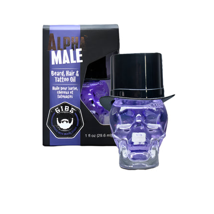 Alpha Male is GIBS' Anniversary Edition of our famous Beard, Hair & Tattoo Oils! Featuring a brand new fragrance, this oil is packed with nourishing ingredients, including Argan, Olive, Passion Fruit, Sunflower Seed, Copalba Balsam and Acai oils. To top it off, it comes in a glass skull bottle, complete with alpha-worthy top hat cap.