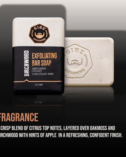 GIBS Grooming's Birchwood exfoliating bar soap is a gentle yet effective way to cleanse your skin. Infused with a captivating Oud fragrance, each use will leave you with the perfect blend of feeling clean and smelling great!