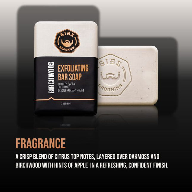 GIBS Grooming's Birchwood exfoliating bar soap is a gentle yet effective way to cleanse your skin. Infused with a captivating Oud fragrance, each use will leave you with the perfect blend of feeling clean and smelling great!