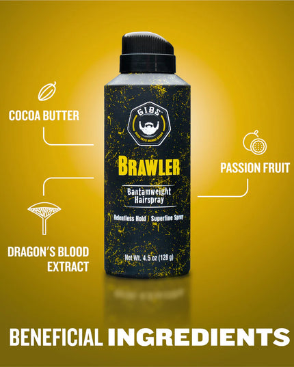 Relentless hold in a superfine spray makes Gibs Brawler Bantamweight Hairspray the most hardcore men's finishing spray in the ring. Fortified with Cocoa, Passion fruit and Dragon's Blood extracts, it not only provides hold that's got your back all day and night, but leaves your hair in even better shape than before. Strong hair and a stronger hold?talk about a one-two punch!