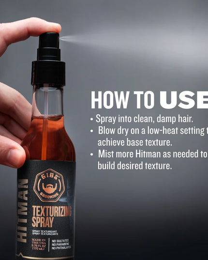 When you're a man on the run, you don't have time to primp and style. With Gib's Hitman Texturizing Spray, all it takes is a one quick shot and a tousle with your fingers for a textured, messy, just-drove-off-in-a-cloud-of-dust look. Topped off with Keratin, Hops and Holy Basil, this spray isn't for the weak hearted (or haired).