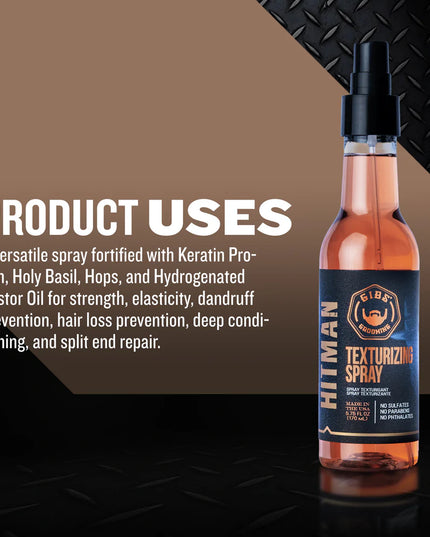 When you're a man on the run, you don't have time to primp and style. With Gib's Hitman Texturizing Spray, all it takes is a one quick shot and a tousle with your fingers for a textured, messy, just-drove-off-in-a-cloud-of-dust look. Topped off with Keratin, Hops and Holy Basil, this spray isn't for the weak hearted (or haired).