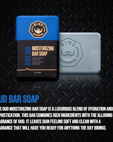 GIBS Grooming's Oud Moisturizing bar soap is a gentle yet effective way to cleanse your skin. Infused with a captivating Oud fragrance, each use will leave you with the perfect blend of feeling clean and smelling great!