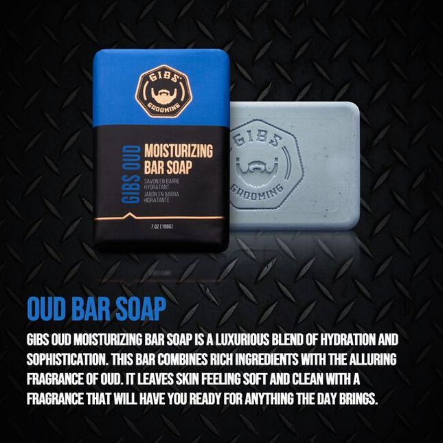 GIBS Grooming's Oud Moisturizing bar soap is a gentle yet effective way to cleanse your skin. Infused with a captivating Oud fragrance, each use will leave you with the perfect blend of feeling clean and smelling great!