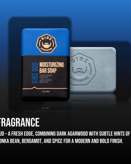 GIBS Grooming's Oud Moisturizing bar soap is a gentle yet effective way to cleanse your skin. Infused with a captivating Oud fragrance, each use will leave you with the perfect blend of feeling clean and smelling great!