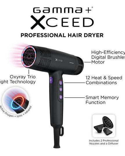 Exhilarating tech meets next-generation performance in the GAMMA+ Xceed Professional Hair Dryer. The high-efficiency digital brushless motor produces up to 120,000 RPM, bringing ultra-concentrated airflow for faster drying, controlled styling, and reduced heat stress. With 12 heat and speed combinations controlled through a sleek LED interface, this hair dryer is the modish answer to every head of hair.
