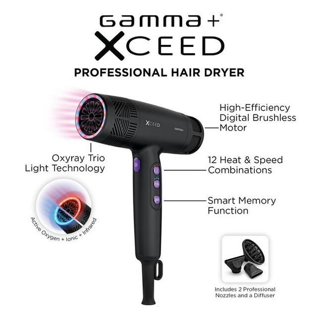 Exhilarating tech meets next-generation performance in the GAMMA+ Xceed Professional Hair Dryer. The high-efficiency digital brushless motor produces up to 120,000 RPM, bringing ultra-concentrated airflow for faster drying, controlled styling, and reduced heat stress. With 12 heat and speed combinations controlled through a sleek LED interface, this hair dryer is the modish answer to every head of hair.