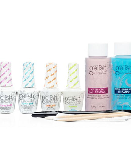 THIS HANDY BASIX STARTER KIT HAS MINI SIZES OF GELISH® SYSTEM ESSENTIALS NEEDED FOR A GELISH® SALON MANICURE.