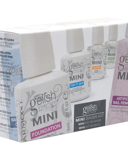 Gelish Mini Basix Kit includes:
Foundation Gel Soak Off 9 ml
Top-It-Off ph Bond
Nourish Cuticle Oil
Cleanser &amp; Remover 2 fl. oz.