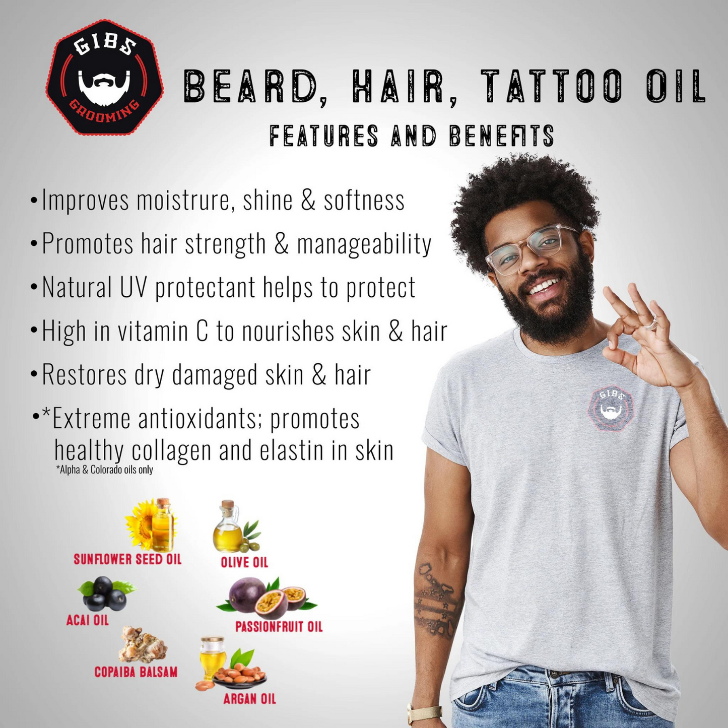 GIBS Grooming - Beard, Hair and Tattoo Oil 4 fl oz Set 3 Piece Set