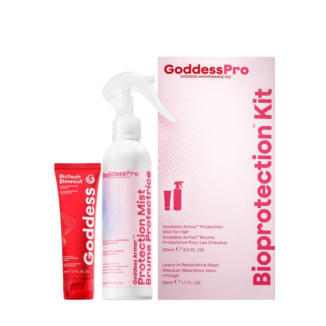 The BioProtection Kit™ is a 2-step, no-processing-time, salon-exclusive service designed to protect hair integrity through chemical services. Powered by the proprietary dual-peptide Goddess Molecule™, it creates a better foundation for healthier-looking, longer-lasting hair with less breakage, better color retention, more shine, and improved style longevity.