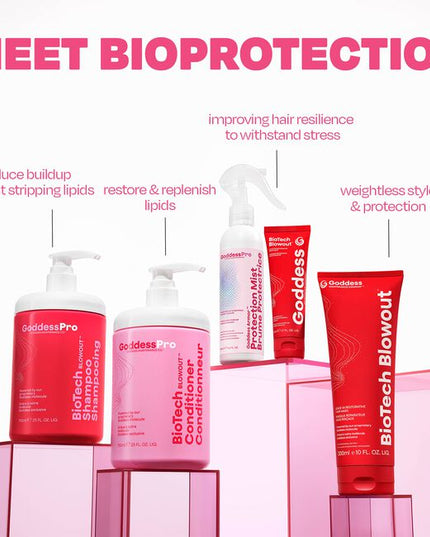 The BioProtection Kit™ is a 2-step, no-processing-time, salon-exclusive service designed to protect hair integrity through chemical services. Powered by the proprietary dual-peptide Goddess Molecule™, it creates a better foundation for healthier-looking, longer-lasting hair with less breakage, better color retention, more shine, and improved style longevity.
