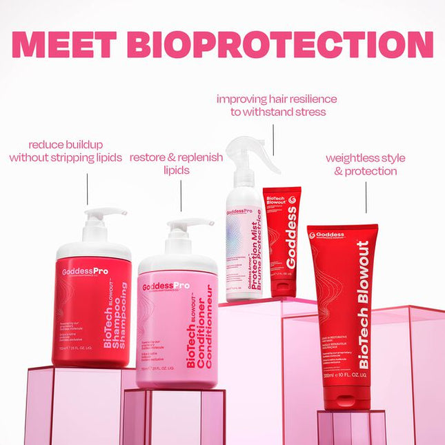 The BioProtection Kit™ is a 2-step, no-processing-time, salon-exclusive service designed to protect hair integrity through chemical services. Powered by the proprietary dual-peptide Goddess Molecule™, it creates a better foundation for healthier-looking, longer-lasting hair with less breakage, better color retention, more shine, and improved style longevity.