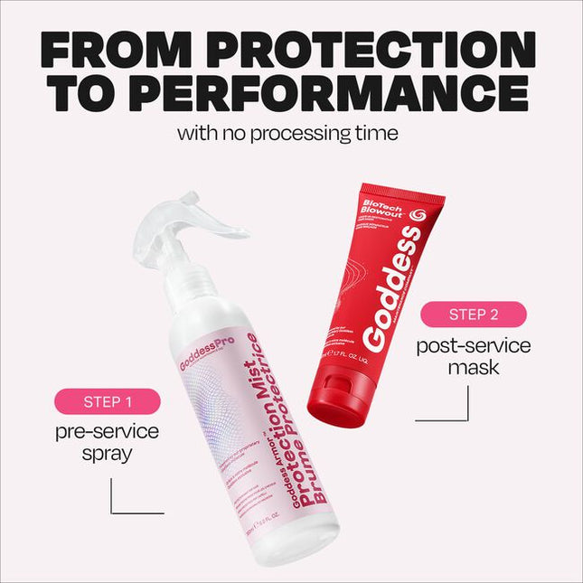 The BioProtection Kit™ is a 2-step, no-processing-time, salon-exclusive service designed to protect hair integrity through chemical services. Powered by the proprietary dual-peptide Goddess Molecule™, it creates a better foundation for healthier-looking, longer-lasting hair with less breakage, better color retention, more shine, and improved style longevity.