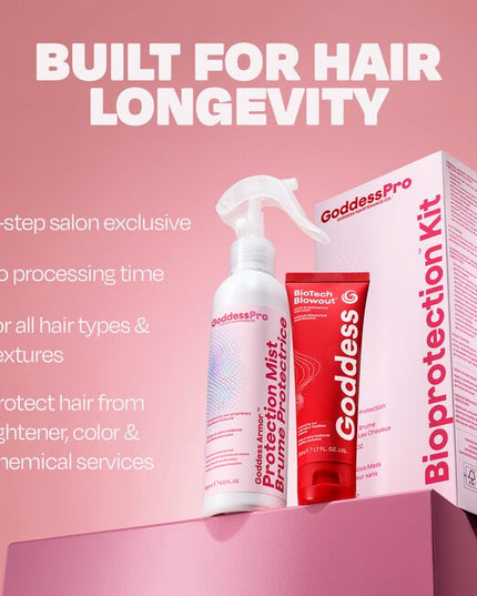  The BioProtection Kit™ is a 2-step, no-processing-time, salon-exclusive service designed to protect hair integrity through chemical services. Powered by the proprietary dual-peptide Goddess Molecule™, it creates a better foundation for healthier-looking, longer-lasting hair with less breakage, better color retention, more shine, and improved style longevity.