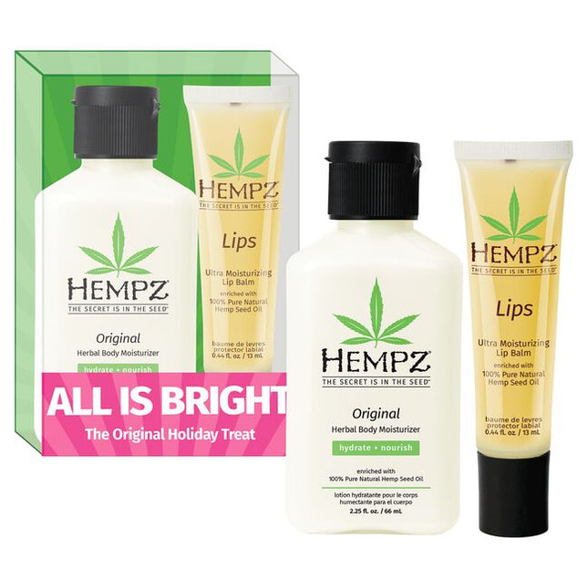 The Original Holiday Treats - Hydrate + Nourish

All Is Bright Duo Includes:

(1) Mini Original Body Moisturizer, 2.25 fl. oz.
(1) Ultra Moisturizing Lip Balm, .44 fl. oz.