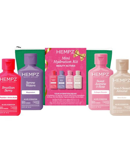 Mini Hydration Moisturizing Beauty Actives Kit Includes:

(1) - Mini Brazilian Berry Body Moisturizer, 2.25 fl. oz.
(1) - Mini Serene Waters Body Moisturizer, 2.25 fl. oz.
(1) - Mini Sweet Jasmine &amp; Rose Body Moisturizer, 2.25 fl. oz.
(1) - Mini Koa &amp; Sweet Almond Body Moisturizier, 2.25 fl. oz.