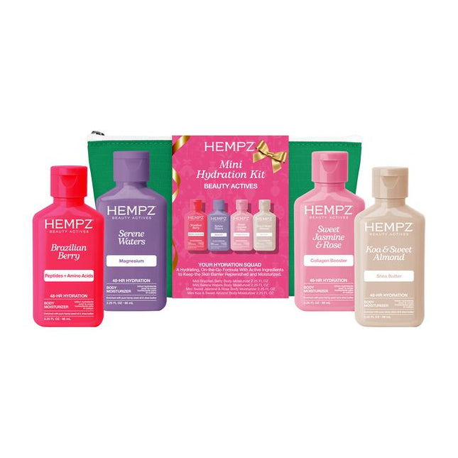 Mini Hydration Moisturizing Beauty Actives Kit Includes:

(1) - Mini Brazilian Berry Body Moisturizer, 2.25 fl. oz.
(1) - Mini Serene Waters Body Moisturizer, 2.25 fl. oz.
(1) - Mini Sweet Jasmine &amp; Rose Body Moisturizer, 2.25 fl. oz.
(1) - Mini Koa &amp; Sweet Almond Body Moisturizier, 2.25 fl. oz.