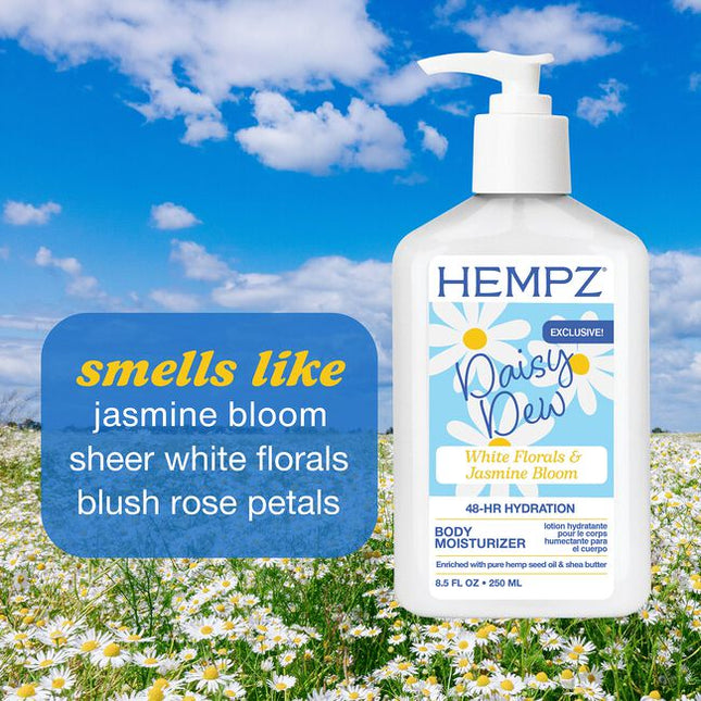 Revitalize your skin with our Exclusive Daisy Body Moisturizer. Infused with pure hemp seed oil and botanicals to intensely hydrate dry skin, the lotion has a soft white floral scent. 8.5 ounces in a pump bottle.