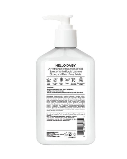 Revitalize your skin with our Exclusive Daisy Body Moisturizer. Infused with pure hemp seed oil and botanicals to intensely hydrate dry skin, the lotion has a soft white floral scent. 8.5 ounces in a pump bottle.